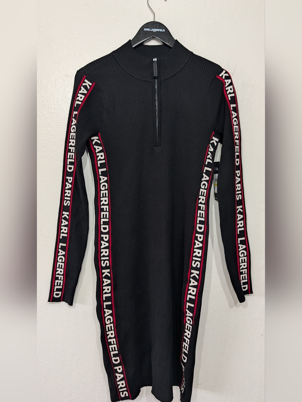 Karl Lagerfeld Black Ribbed Zip-Front Dress with Logo Tape